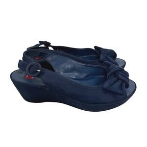 Hogl Sacchetto Navy Suede Bow Wedge Slingback Sandals Women's Size UK 4.5 US 7